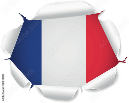 Flag of France. Flag Revealed Through Torn Paper Hole over a transparent background