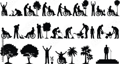 Silhouette inclusive gardening, wheelchair users, outdoor activity, planting trees, teamwork, celebration, black vector, accessibility, environment care, community support