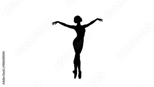 Black silhouette of a woman dancing with arms outstretched against a white background, illustration, vector character design.