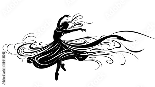 Black silhouette of a woman dancing with flowing dress and arms raised in a dynamic illustration against a white background.