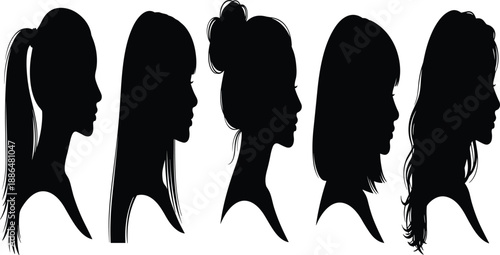 Silhouette female profiles, hairstyle variety, side view, black vector, fashion design, beauty concept, haircuts, elegance, minimal style, portrait