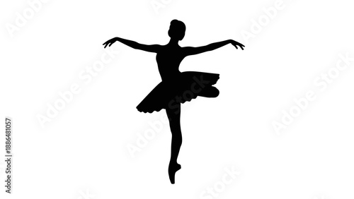 A black silhouette of a woman in a tutu dancing on a white background with a dynamic pose.