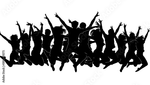 A group of black silhouettes of people jumping and dancing in a joyful scene with raised arms against a clean white background.