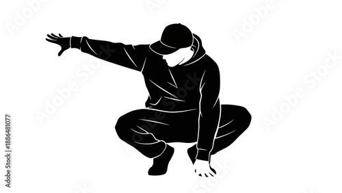 Black silhouette of a young man dancing in a dynamic pose against a clean white background with a lively and energetic mood.