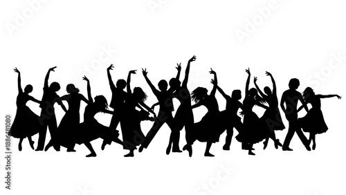 A group of black silhouette people dancing energetically in various poses against a clean white background in a dynamic illustration.