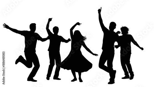 Black silhouette illustration of people dancing against a white background, with dynamic poses and movements captured in a vector-style graphic.