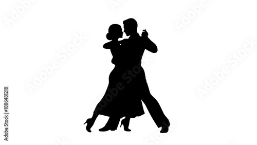 A black silhouette illustration of a man and woman dancing together in a dynamic pose against a clean white background.