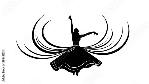 A black silhouette illustration of a woman dancing with dynamic, flowing lines around her skirt against a white background.
