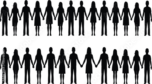 Silhouette people holding hands, unity, equality, community support, black vector, togetherness, solidarity, human connection, inclusion, peace, diversity, friendship