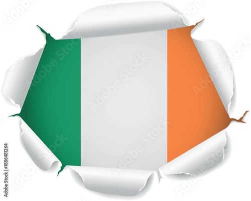 Flag of Ireland. Flag Revealed Through Torn Paper Hole over a transparent background