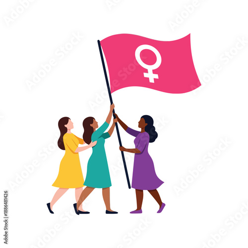 Women's Day vector clipart with diverse women holding feminist flag, empowerment illustration