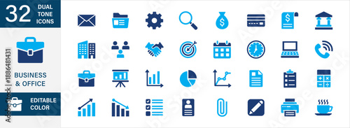 Business and office icon set in flat dual tone blue   design. Contains icon symbol of briefcase, chart,finance, presentation board,target, folder, teamwork, management, handshake, calculator.