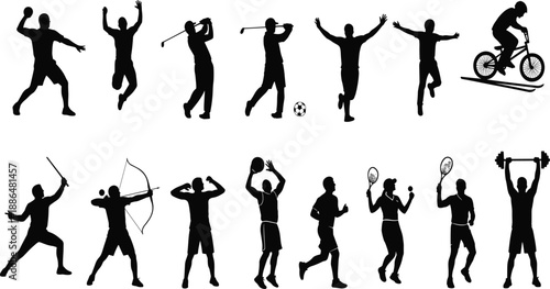 Silhouette sports collection, athletic activities, fitness poses, black vector, diverse exercise, physical training, competition, celebration, motion, dynamic movement, strength
