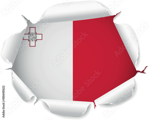 Flag of Malta. Flag Revealed Through Torn Paper Hole over a transparent background