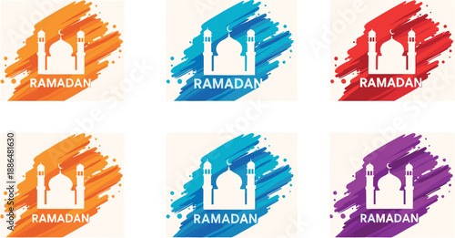 Colorful brush stroke Ramadan mosque square vector illustration set for Islamic festival design
