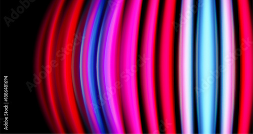 Vibrant colorful lines form abstract pattern. Gradient shades create dynamic visual effect. Black background emphasizes bright hues.