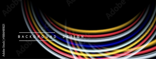 Abstract colorful lines form dynamic wave pattern. Black background enhances vibrant hues, creating modern visual effect.