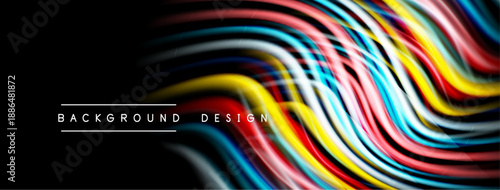 Abstract colorful lines create dynamic wave pattern. Black background emphasizes vibrant design elements. Modern aesthetic.