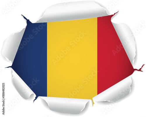 Flag of Romania. Flag Revealed Through Torn Paper Hole over a transparent background