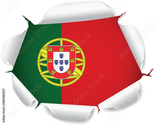 Flag of Portugal. Flag Revealed Through Torn Paper Hole over a transparent background