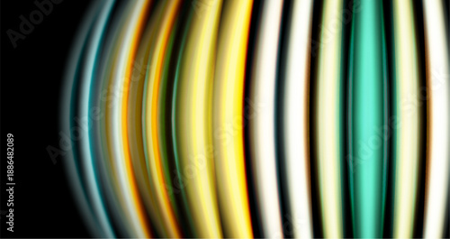 Abstract colorful stripes create dynamic visual effect. Lines curve, blend, forming intriguing pattern against black background.