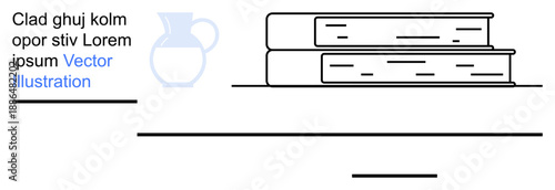 Education, learning, minimal decor, literature, graphic design, organization. Stack of books with decorative pitcher and clean lines. Education and learning concept
