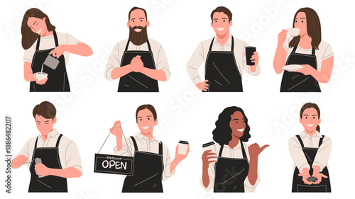 set of coffee shop baristas performing daily activities such as brewing coffee, serving drinks, opening the café, holding takeaway cups, and presenting coffee beans. suitable for cafe branding,website