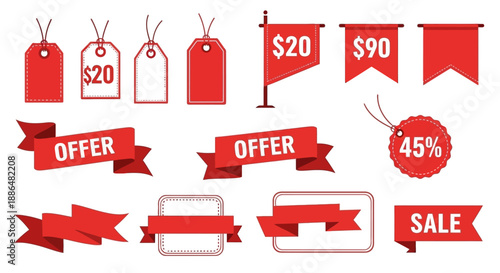 A collection of red sale and offer tags, banners, and labels with prices and percentages.