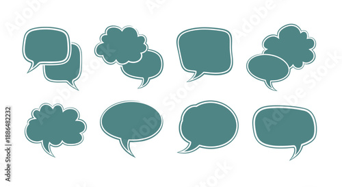 A collection of eight different speech bubble shapes and styles, rendered in a teal color with a subtle texture.