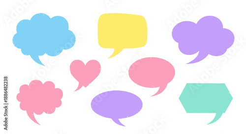 A collection of colorful, empty speech bubbles and thought clouds in various shapes and pastel colors.