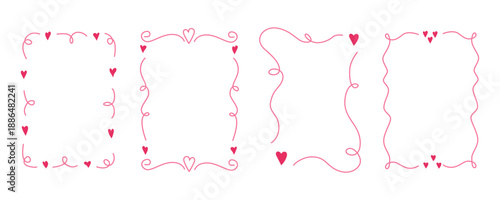 Modern romantic line frame set. Minimal heart outline frames. Love whimsical doodle border. Cute romantic wedding valentine card invitation poster template