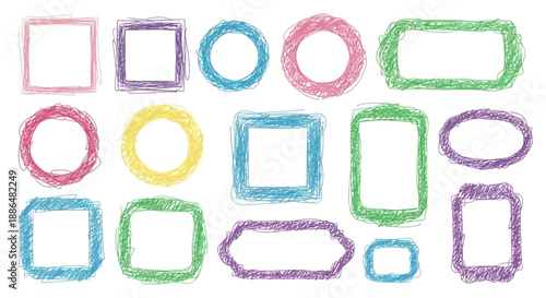 A collection of colorful, hand-drawn frames in various geometric shapes including squares, circles, and ovals, rendered with a crayon-like texture.