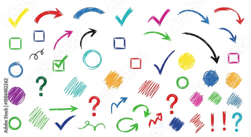 A vibrant collection of hand-drawn scribbled icons including arrows, checkmarks, question marks, circles, squares, and exclamation points.