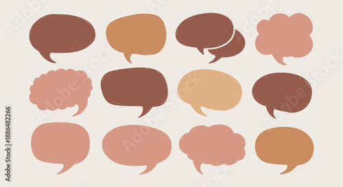 A collection of diverse, abstract speech bubble shapes in various earthy tones.