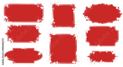A collection of seven distressed red frames and shapes with a grunge texture, isolated on a white background.