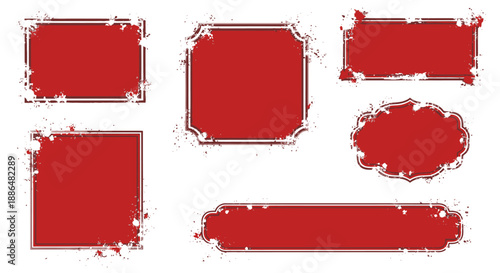 A collection of seven red decorative frames with distressed edges on a white background.