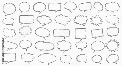 A collection of hand-drawn speech bubbles and thought bubbles in various shapes and sizes, outlined in black on a textured background.