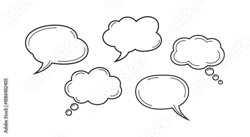 A collection of five hand-drawn speech bubbles and thought clouds in black and white, isolated on a white background.