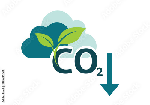 CO2 emission reduction concept with green leaves and clouds illustration
