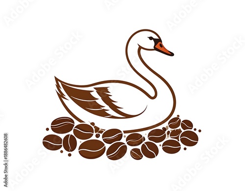 Artistic depiction of swan nestled in coffee beans, brown outline, simple design, isolated on white background