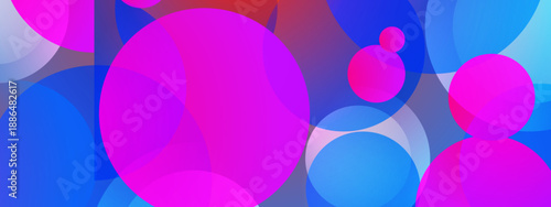 Dynamic cool and warm contrast featuring translucent neon pink and blue circles