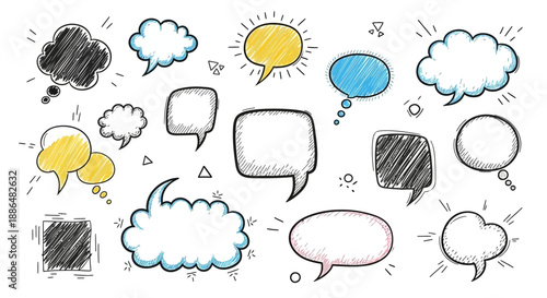 A collection of hand-drawn speech bubbles and thought clouds in various shapes, sizes, and colors, some filled with scribbles, on a white background.