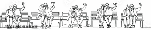 line art of a old couple taking a selfie together on a park bench