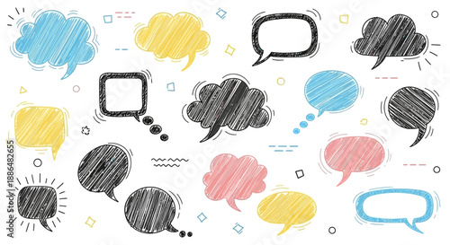 A collection of hand-drawn, scribbled speech bubbles in various shapes and colors, representing communication and ideas.