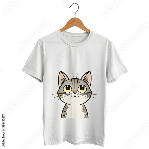 White T-Shirt with Cartoon Cat Design on Hanger on transparent background
