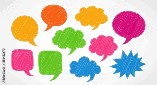 A collection of colorful, hand-drawn speech bubbles and thought clouds with a scribbled texture.