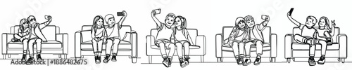 line art of a two little kids taking a selfie together on sofa