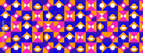 Abstract repetitive composition with geometric shapes in blue orange and pink
