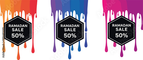 Colorful dripping paint Ramadan sale 50 percent hexagon badge vector illustration set