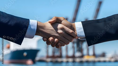 A handshake between two successful businessmen against a backdrop of a seaport